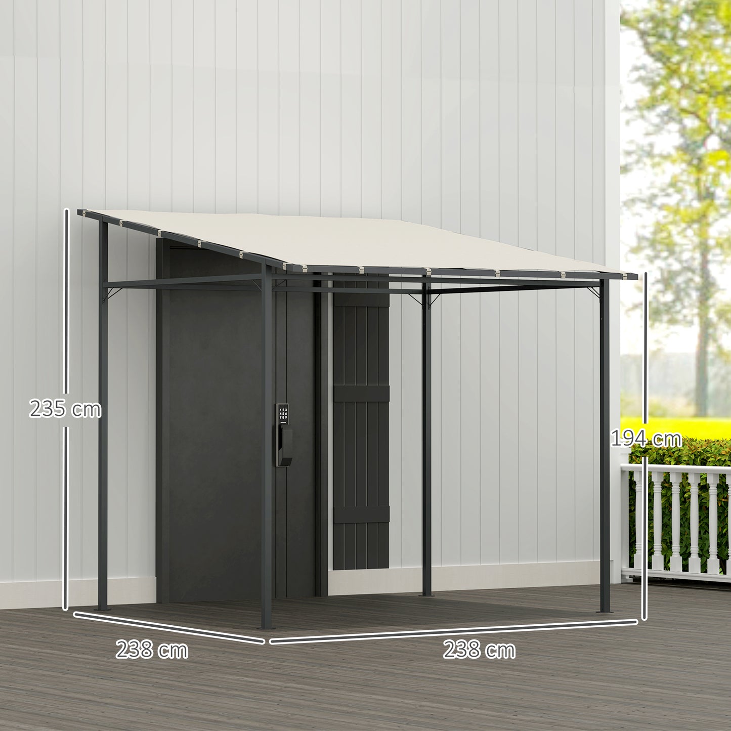 Outsunny 2.4x2.4m Wall Mounted Pergola Gazebo With PA Coated Fabric And Metal Frame Wind Resistant Shelter Cream White