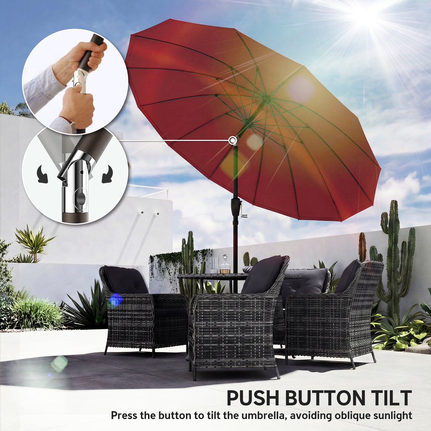 Outsunny 2 m Shanghai Garden Parasol Umbrella With 16 Fibreglass Ribs Crank Tilt Wine Red