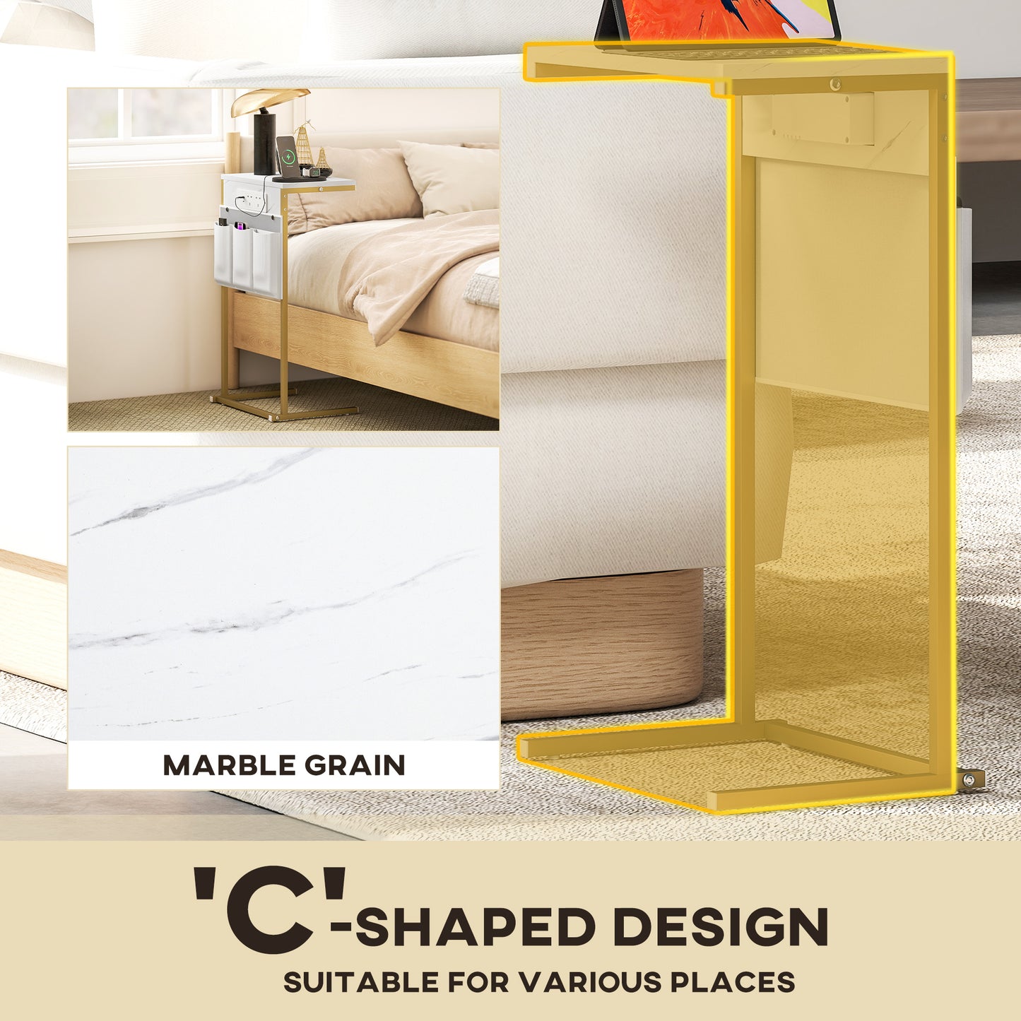 HOMCOM C Shaped Bedside Table With Charging Station Marble Grain Finish Power Outlets USB Ports Storage Bags White