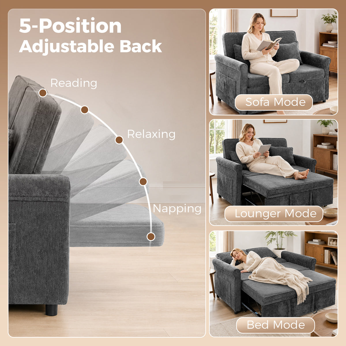 Homcom 2 Seater Sofa Bed Convertible Chenille Sleeper With Wheels Grey