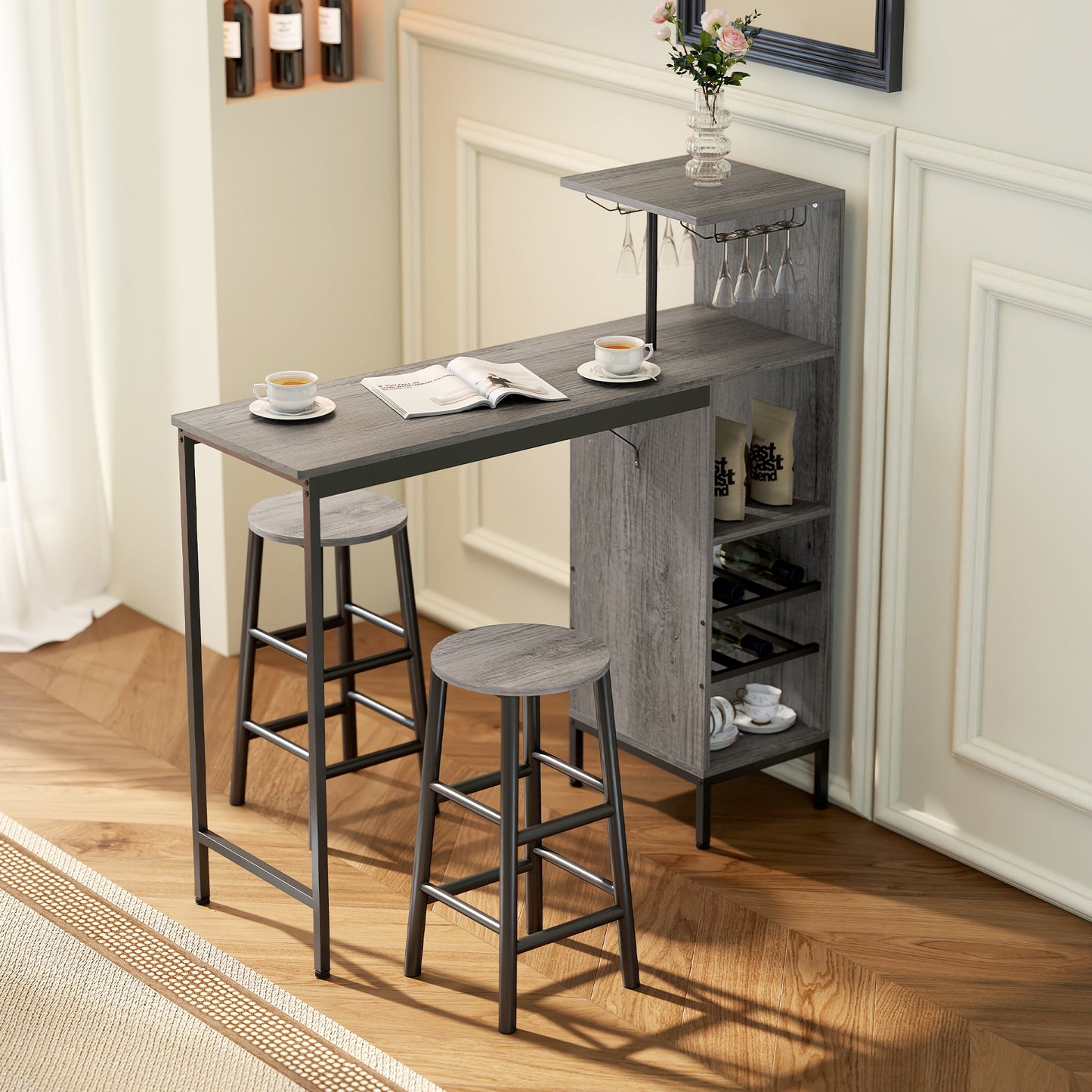 HOMCOM 3 Piece Dining Room Set With Bar Table And Stools Natural Finish Wine Rack And Glass Holders 6 Tier Storage