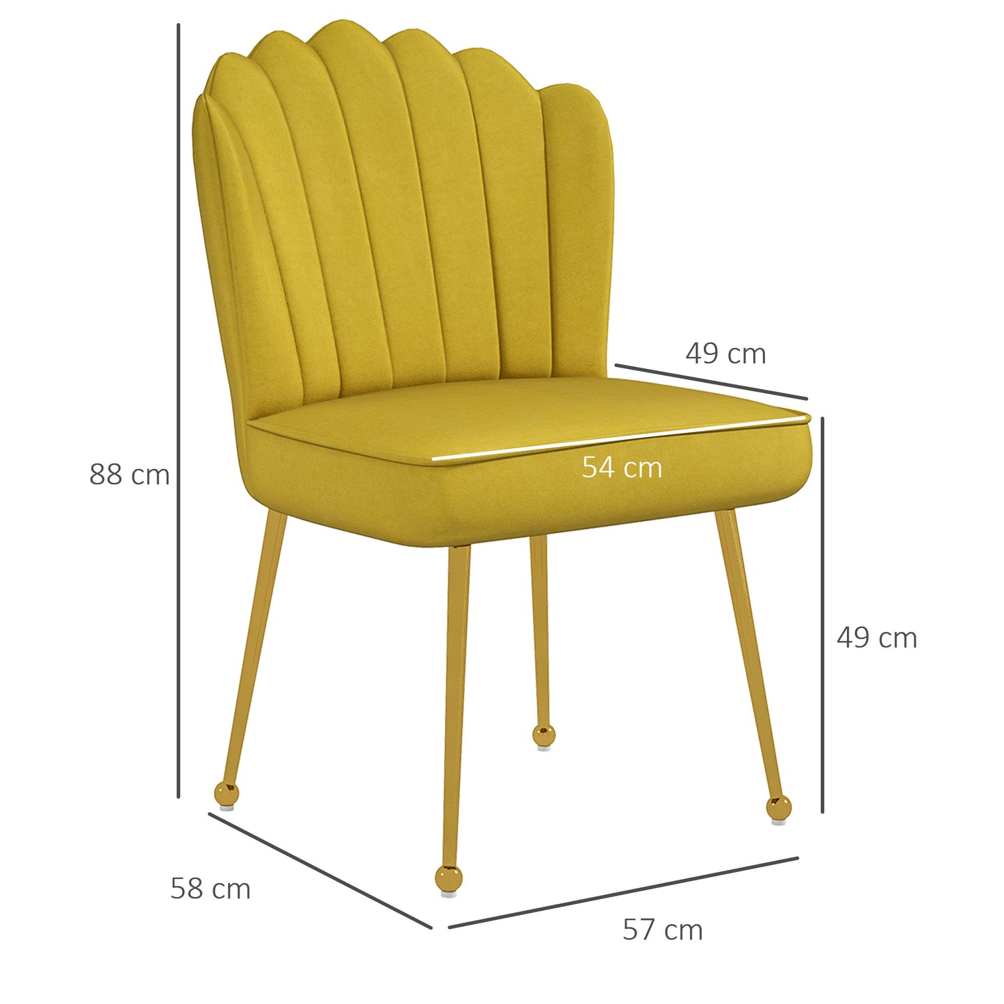 HOMCOM Stylish Yellow Velvet Shell Accent Chair with Gold Legs