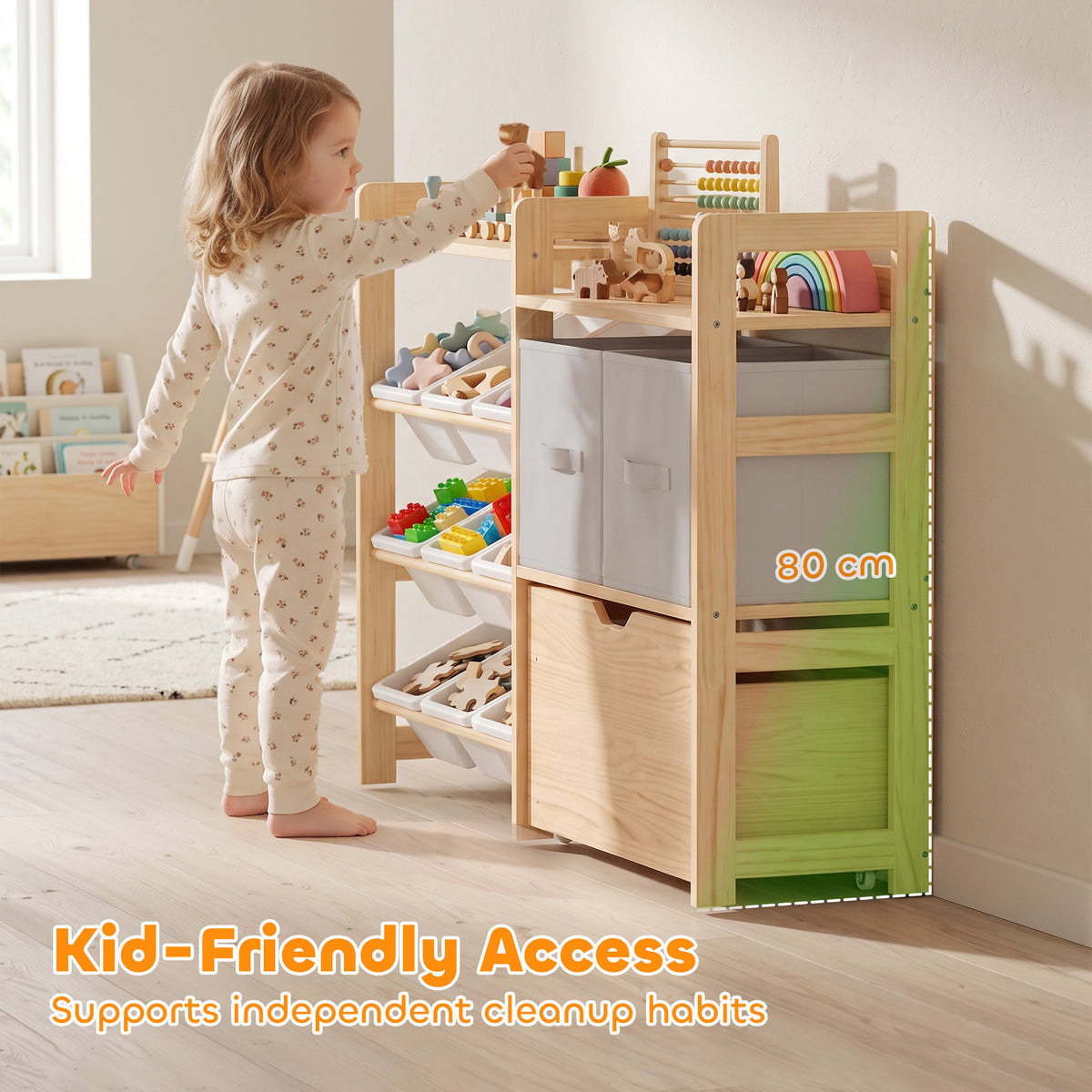 Light wood kids storage cabinet with open shelves and two front drawers in a beige bin