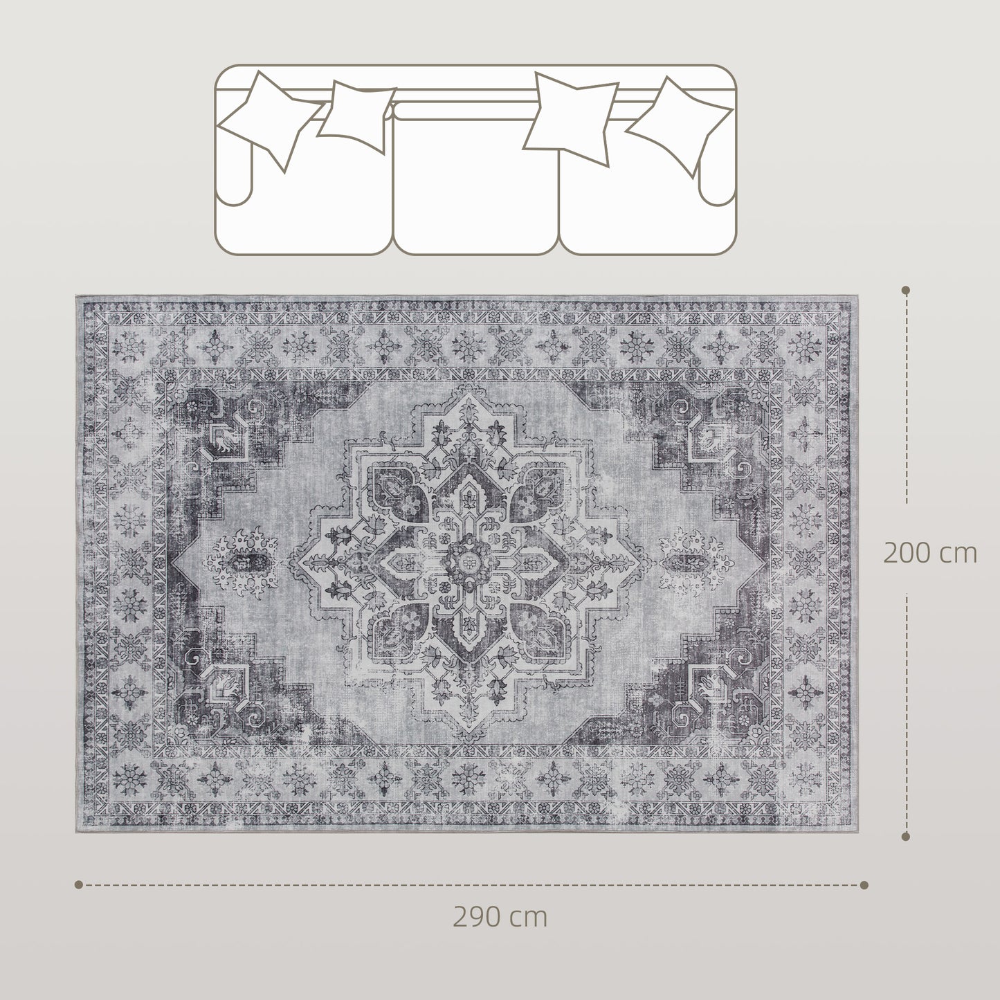 HOMCOM Vintage Area Rug Non Slip Washable Flannel Carpet For Living Room Bedroom Dining Room Home Office 290x200 Cm Grey