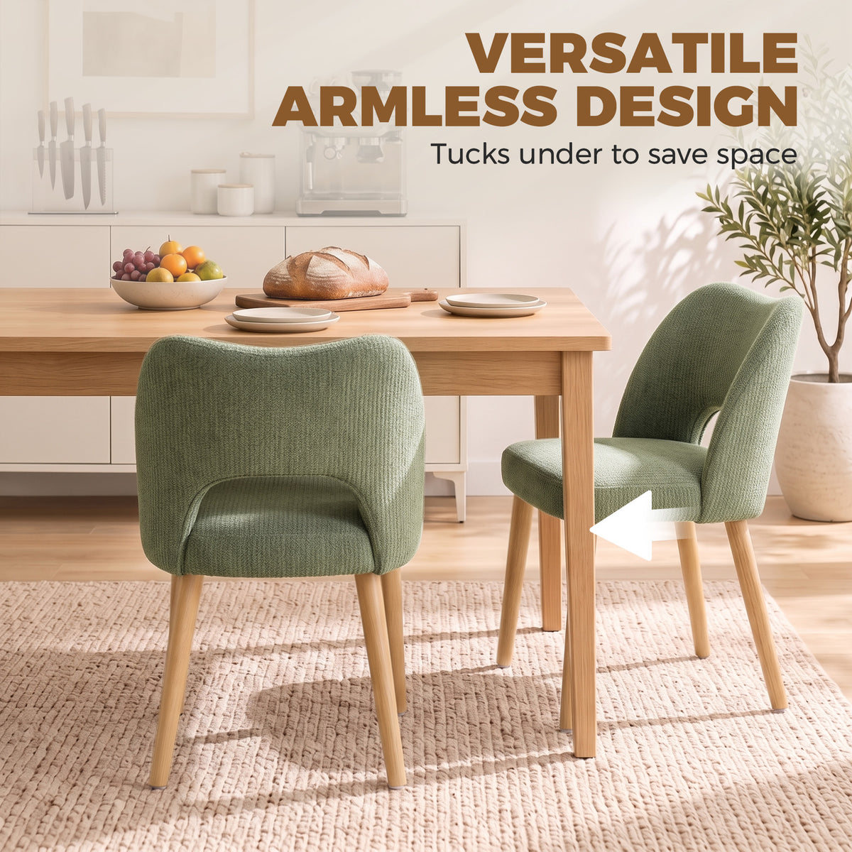 Green chenille dining chair with curved back, armless design, and light wood legs