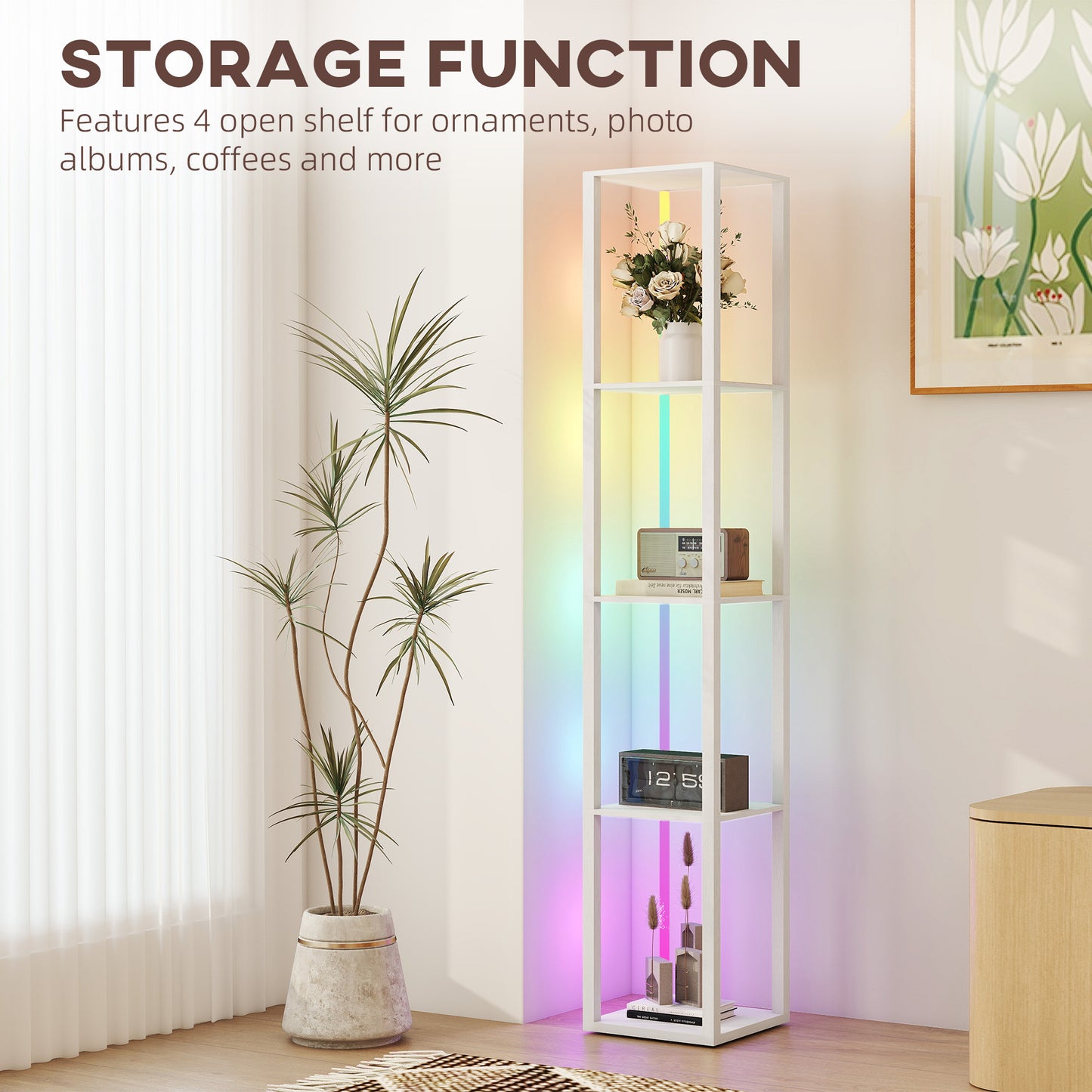 HOMCOM RGB LED Floor Lamp With Shelves Modern Dimmable Standing Lamp With Remote For Living Room Bedroom Office White