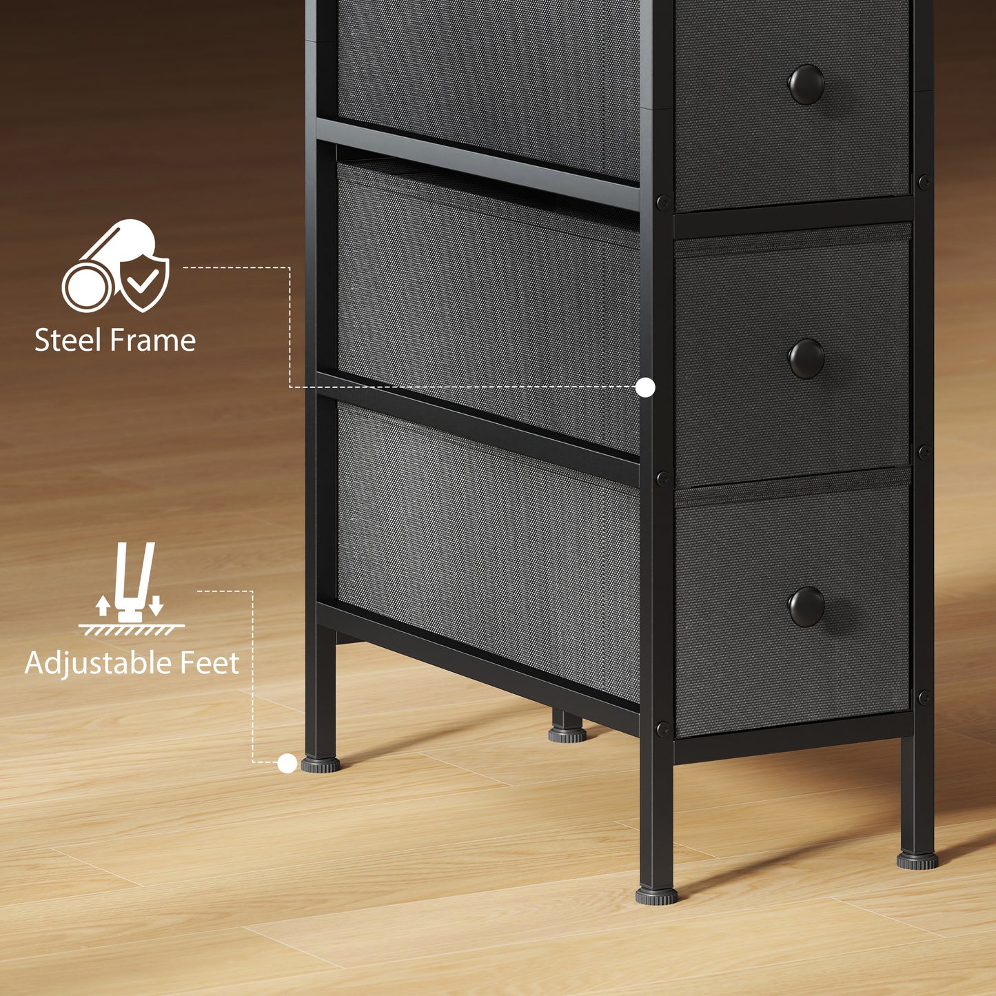HOMCOM 4 Drawer Fabric Dresser Chest Slim Storage Cabinet With Steel Frame For Small Spaces Bedroom Black