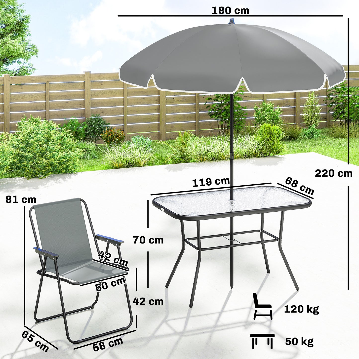Outsunny 8 Piece Garden Dining Set With Umbrella And Folding Chairs Tempered Glass Table For Patio Grey