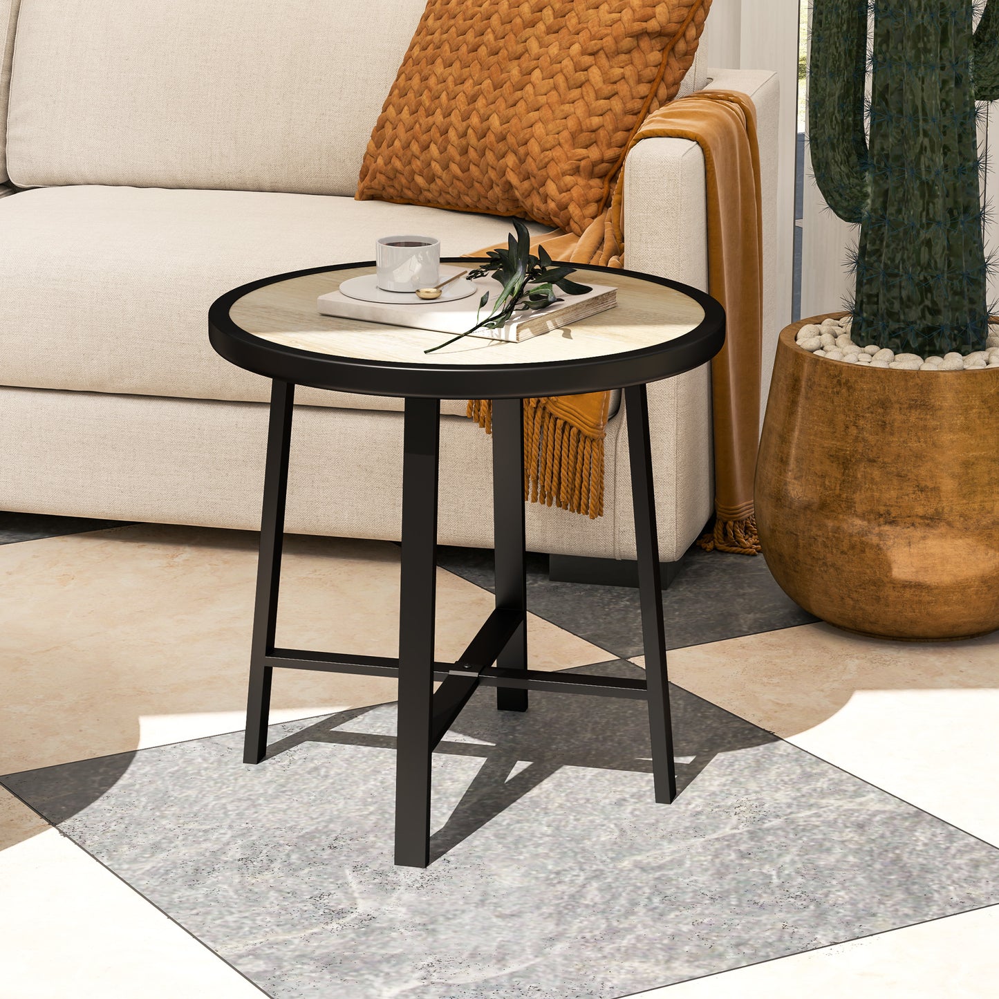 Outsunny Round Garden Table 50.5cm With SPC Tabletop And Metal Frame Anti Slip Feet Nature Wood Finish Outdoor Balcony