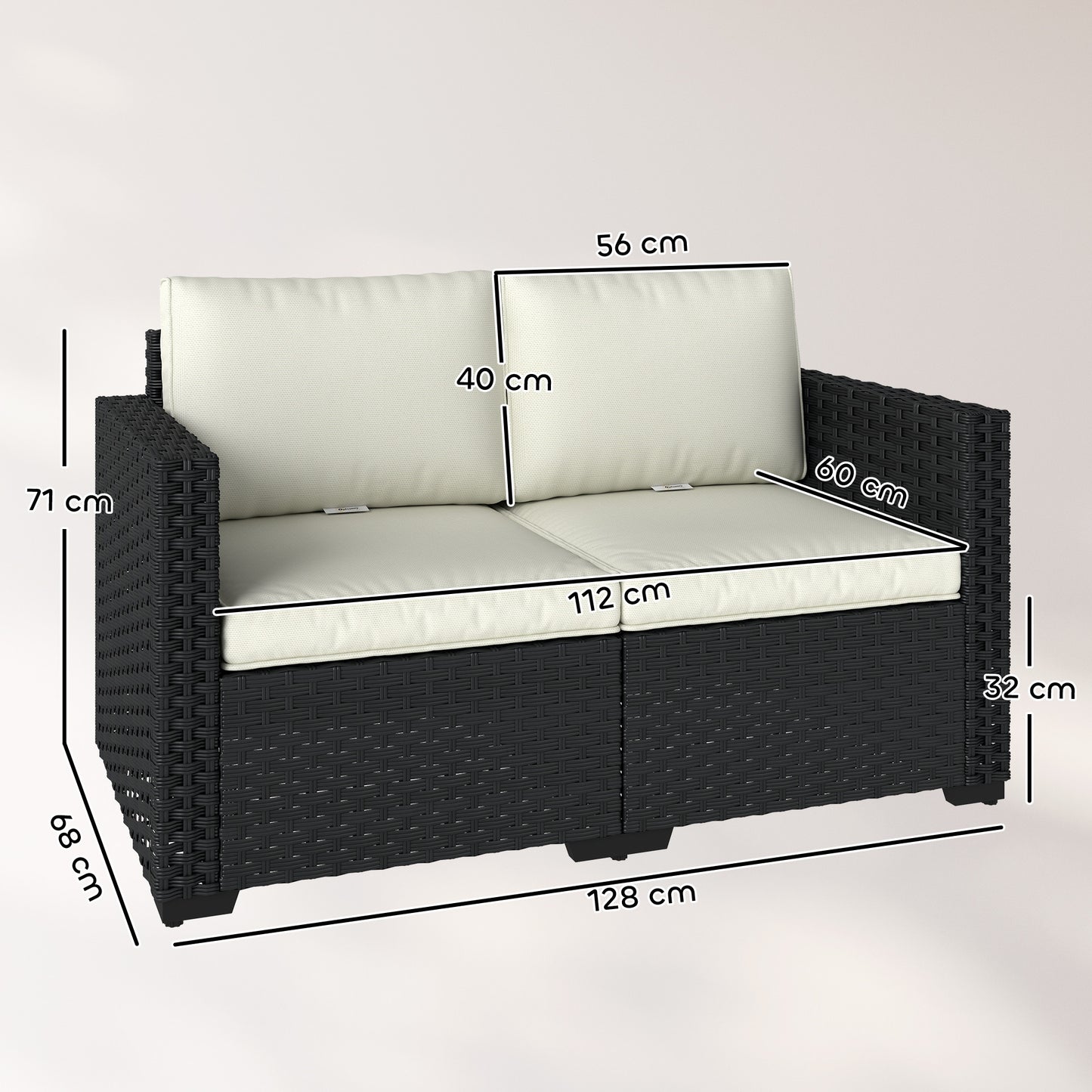 Outsunny 2 Seater Rattan Outdoor Garden Sofa With Deep Seat Cushions And Wide Armrests For Patio Balcony Porch Black