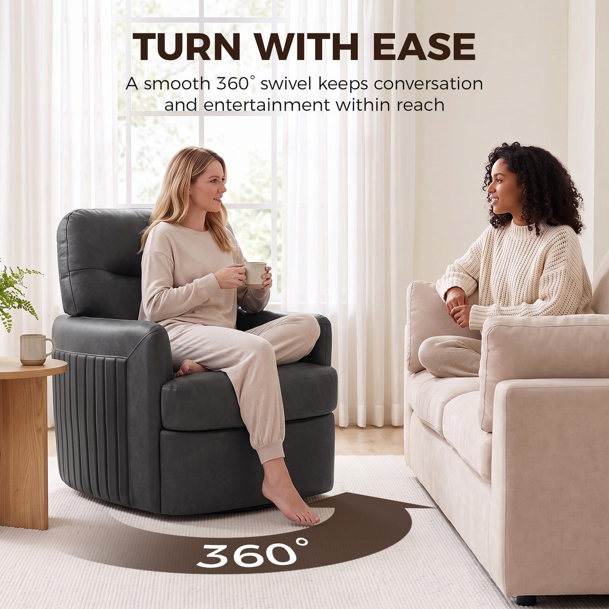 Dark grey PU leather swivel accent chair, smooth 360-degree turning lounge