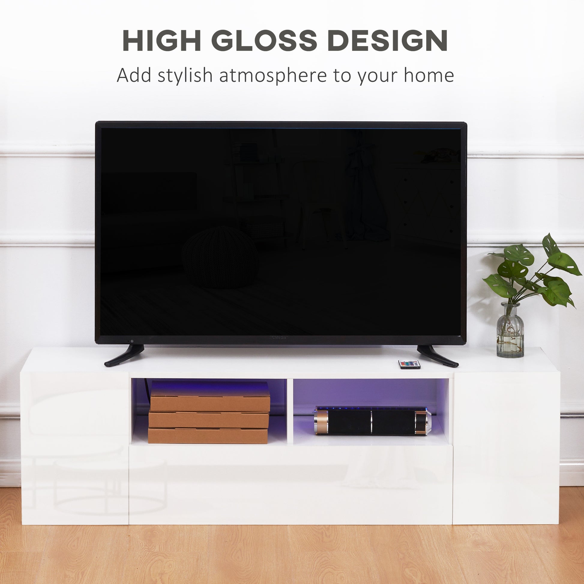 HOMCOM LED-Illuminated Modern TV Console with Storage - Glossy White Finish - ALL4U RETAILER LTD