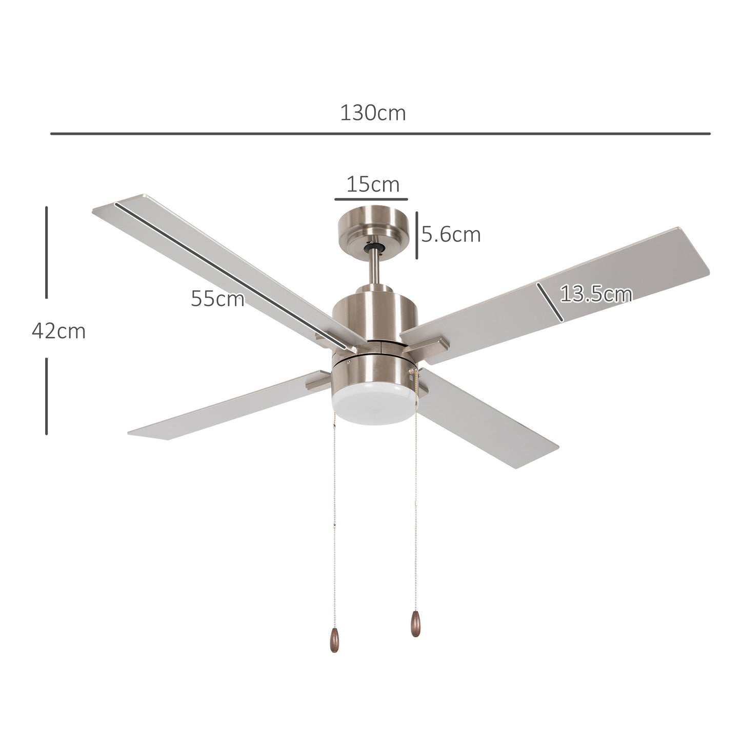 HOMCOM Silver & Natural Tone Ceiling Fan with LED Light and Reversible Blades, Pull-Chain Control - ALL4U RETAILER LTD