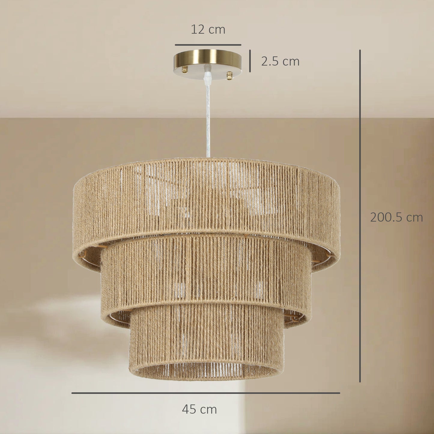 HOMCOM Hemp Rope Ceiling Light 3 Layer Boho Pendant With 4 E14 Fixtures For Living Room Bedroom Hallway Light Brown