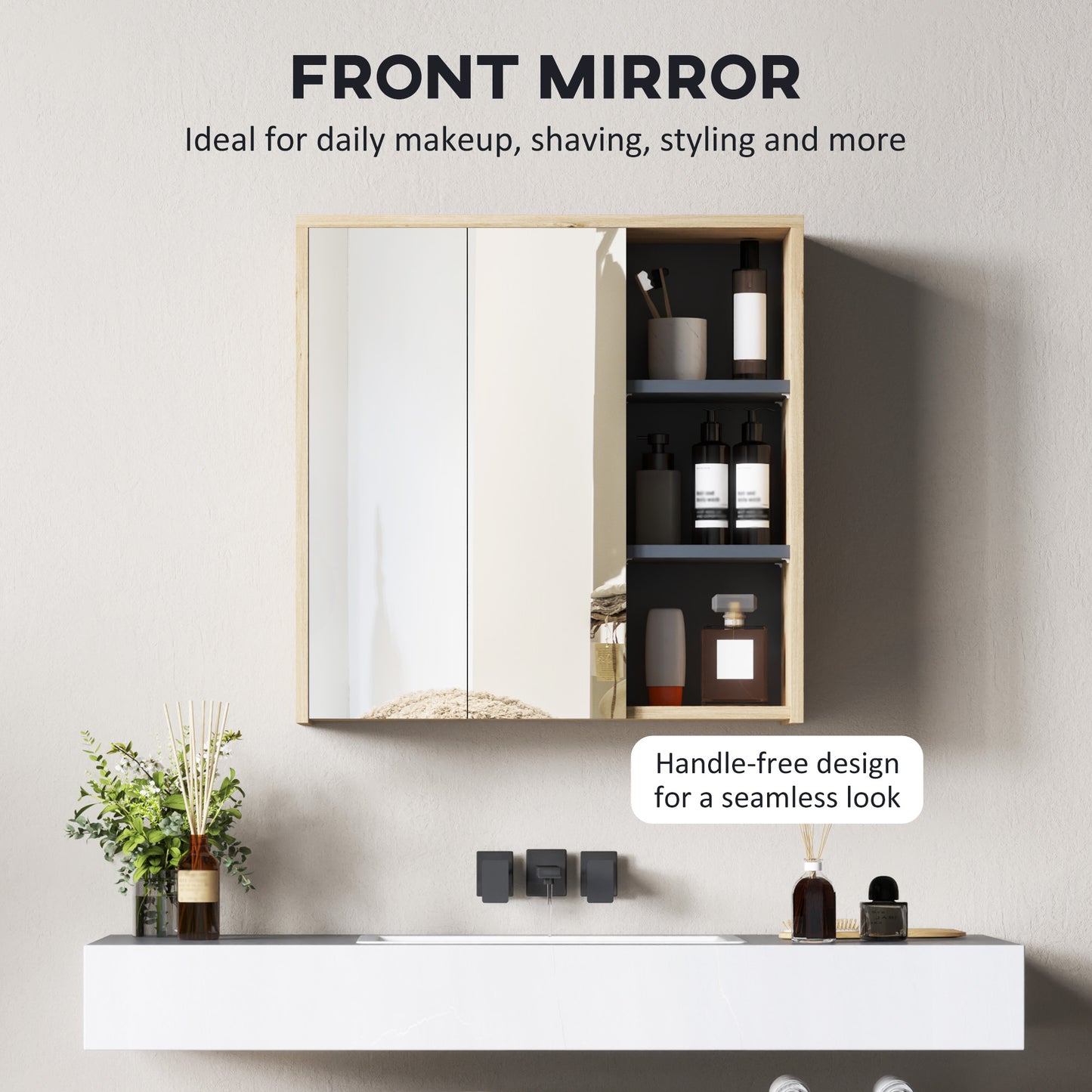 HOMCOM Five Shelf Mirrored Bathroom Cabinet Wood Effect Wall Mounted With Door Shelves And Outer Shelves