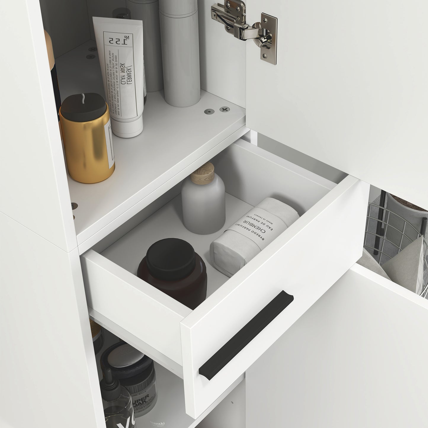 HOMCOM 190cm Tall Slim Bathroom Storage Cabinet With Adjustable Shelves In Both Cupboards And Middle Drawer White