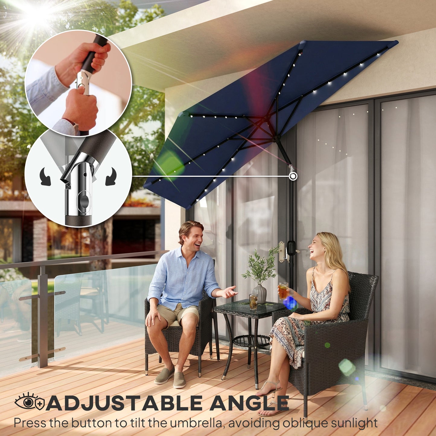 Outsunny 2.6m Half Garden Parasol With Solar LED Lights UPF50 Umbrella Semi Round Tilt 30 Degree Crank Handle Dark Blue