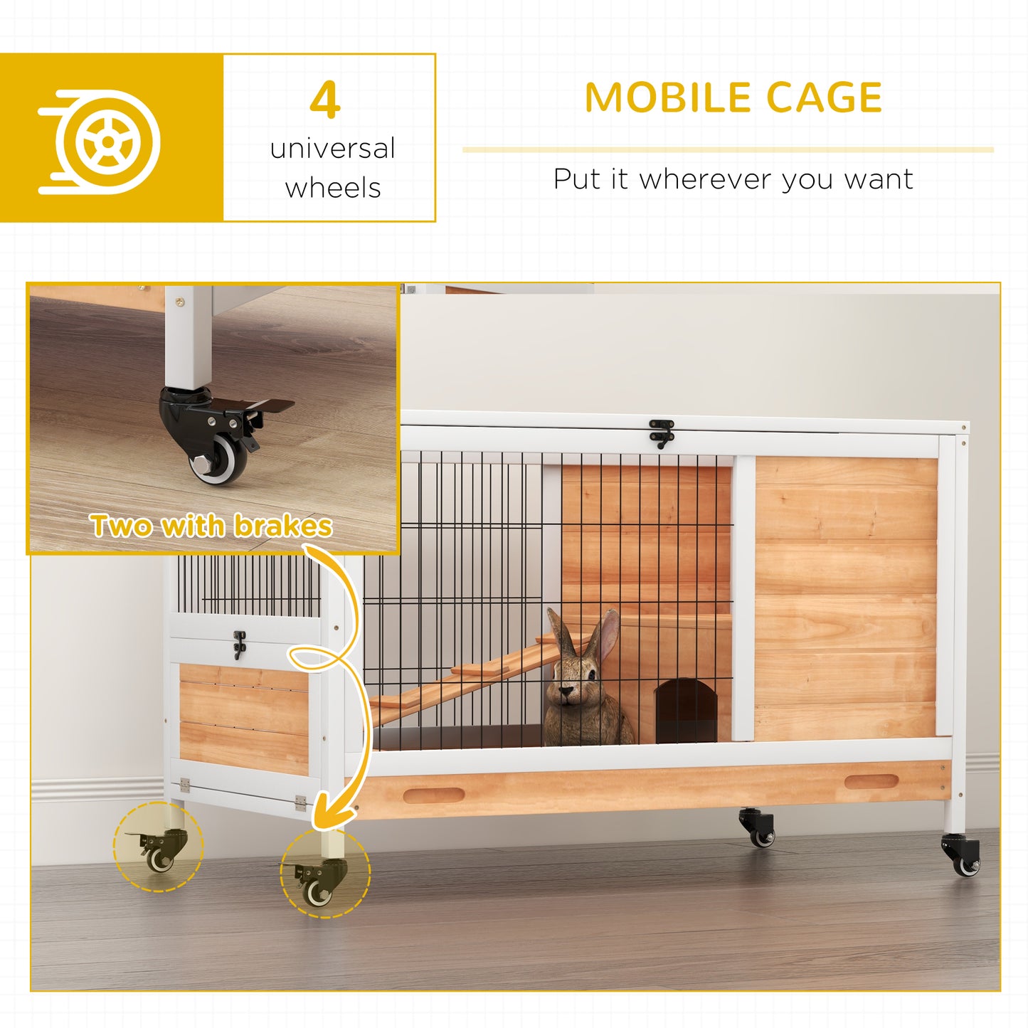 PawHut Two-Tiered Yellow Wooden Rabbit Hutch with Enclosed Run - ALL4U RETAILER LTD