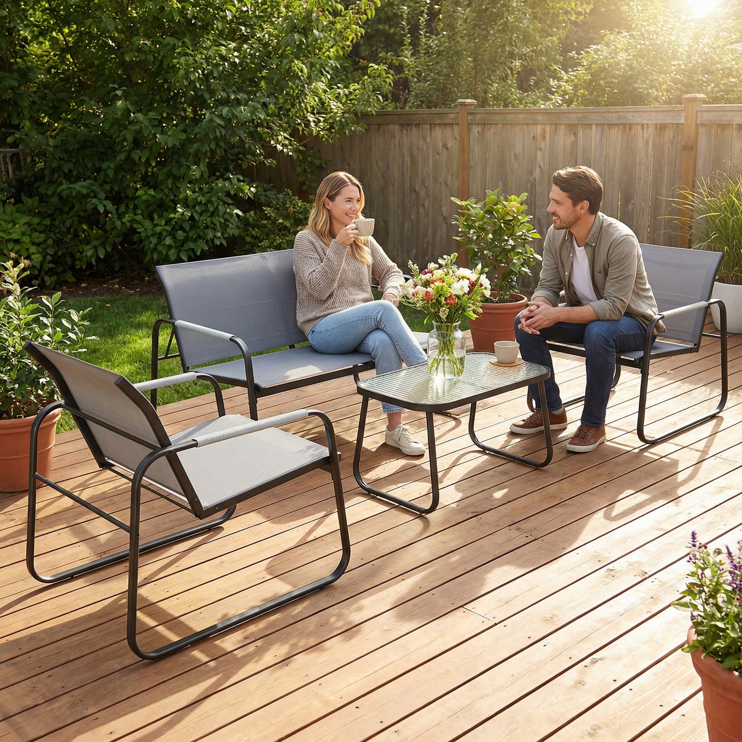 Outsunny 4 Piece Garden Furniture Set With Loveseat And Two Armchairs Grey Tempered Glass Coffee Table For Balcony