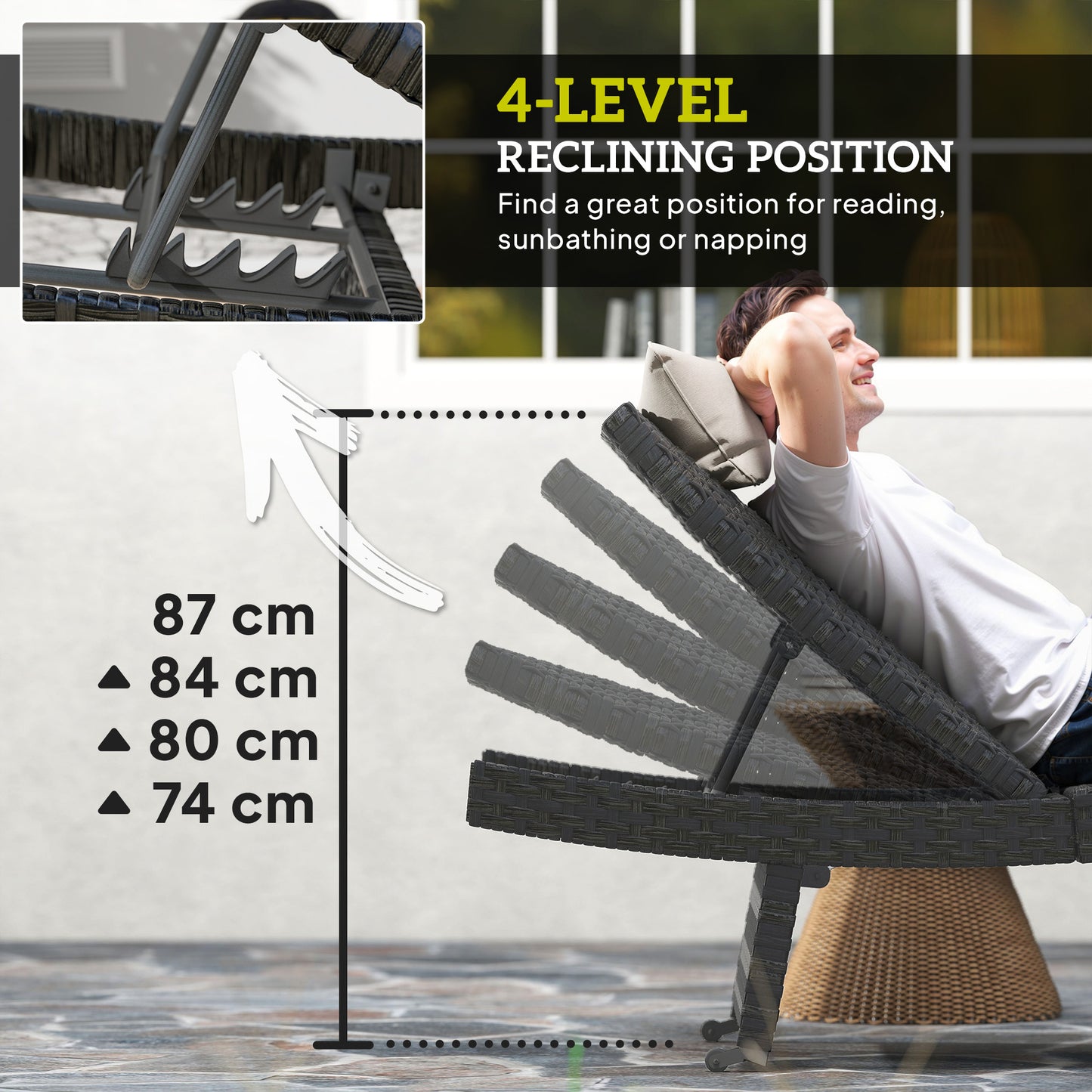 Outsunny Outdoor PE Rattan Sun Lounger Folding Wicker Garden Recliner With 4 Level Backrest Rolling Sunbed Chair Black
