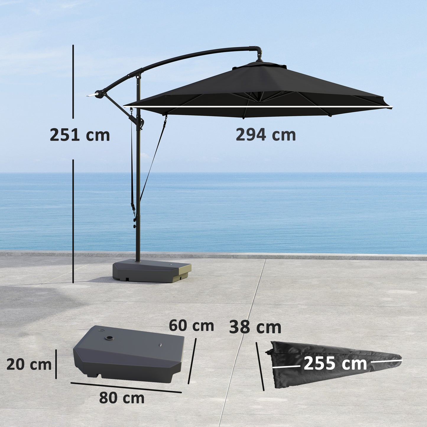 Outsunny 3M Cantilever Garden Parasol With 90kg Fillable Base Wind Straps Cover Crank Tilt UPF50 Grey