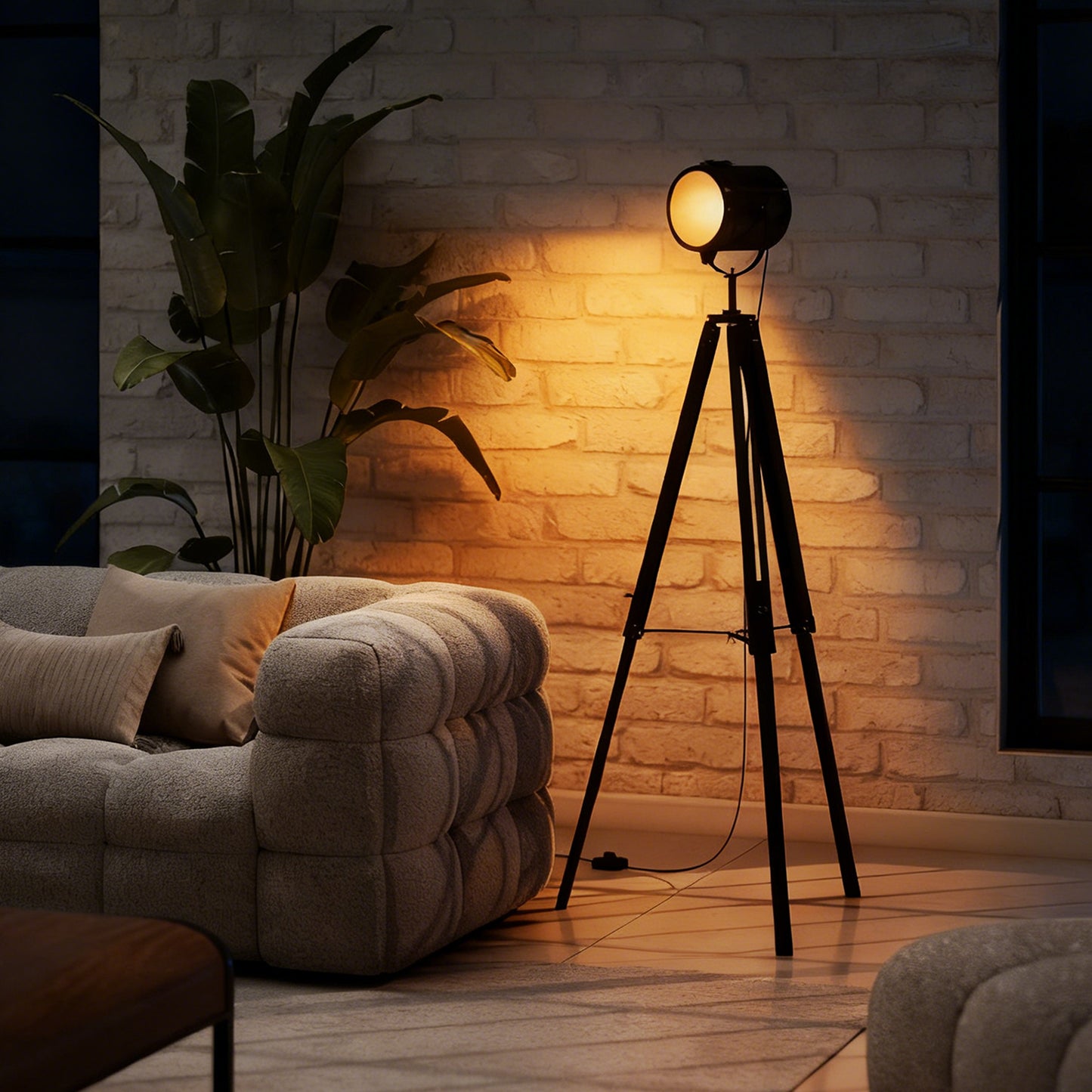 HOMCOM Industrial Tripod Floor Lamp Nautical Searchlight With Adjustable Height Wood Legs E14 Lamp Base Black