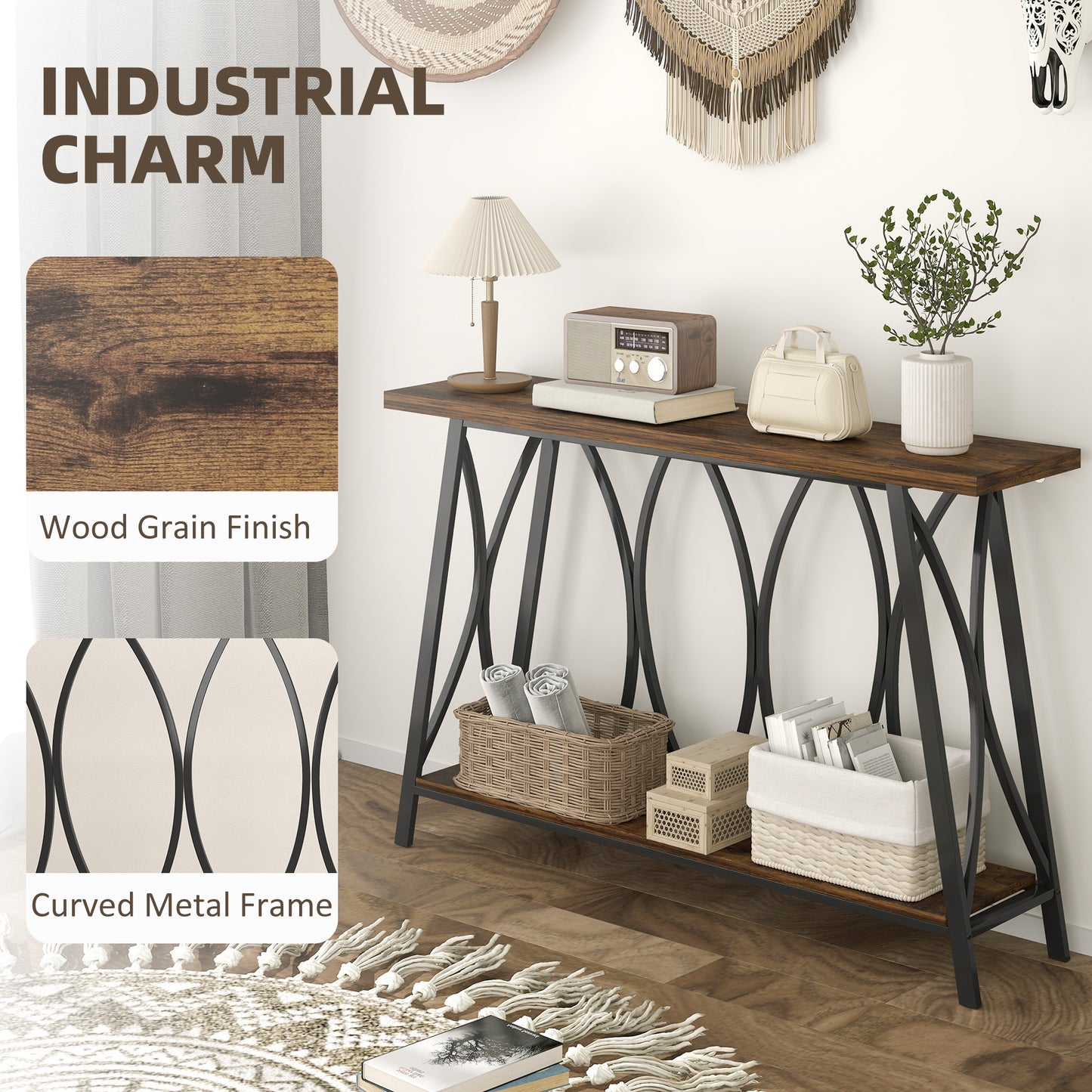 HOMCOM Narrow Console Table Industrial 2 Tier Sofa Table With Metal Frame Entryway Living Room 120x30x80 cm Rustic Brown