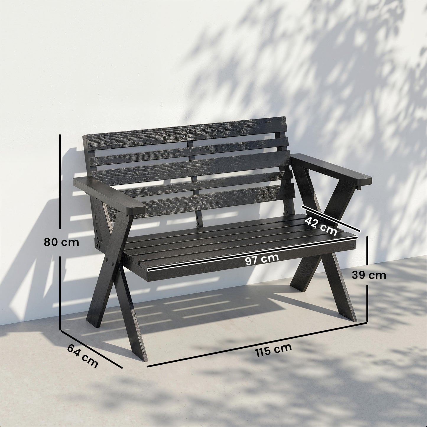 Outsunny Two Seater Wooden Garden Bench Slatted Patio With Armrest And Backrest Black