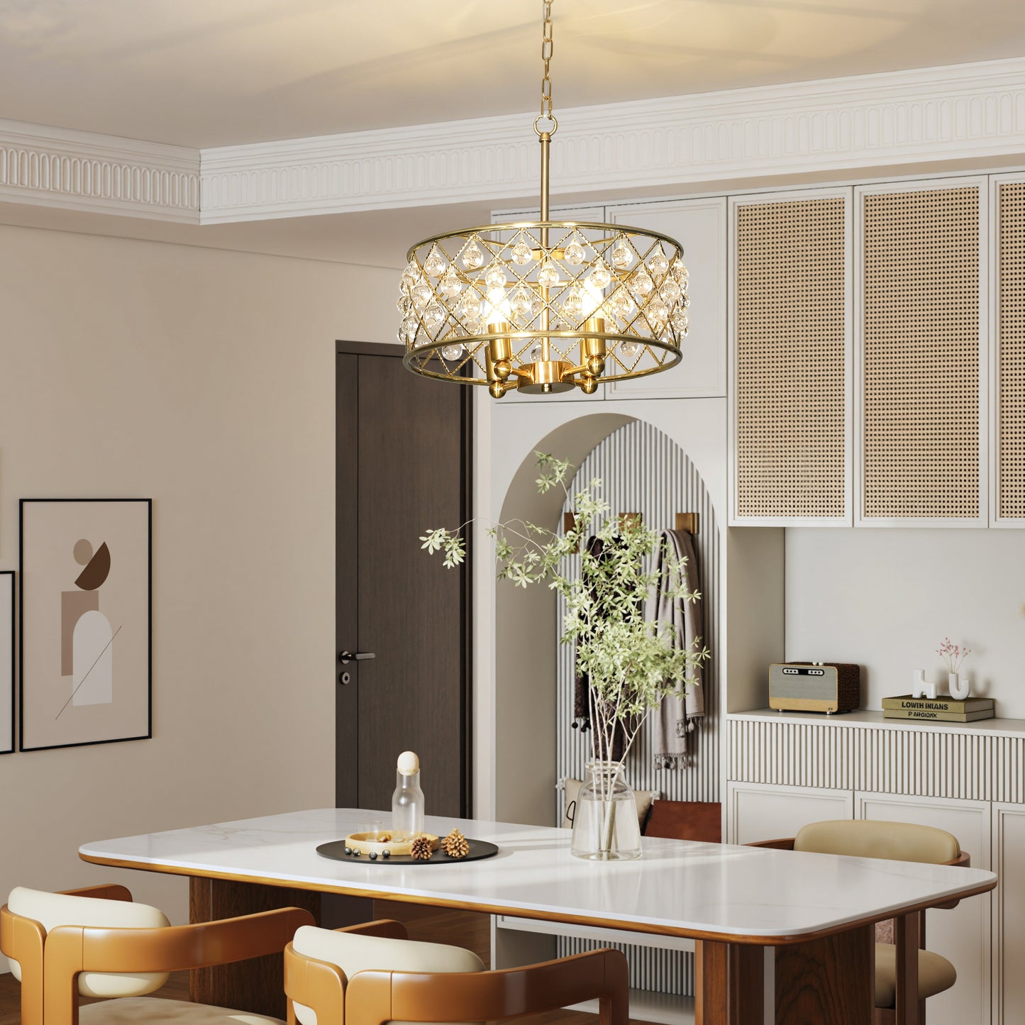 HOMCOM 51 Crystallite Four Bulb Chandelier Gold Tone With Adjustable 130 Cm Chain And Sparkling Crystal Balls