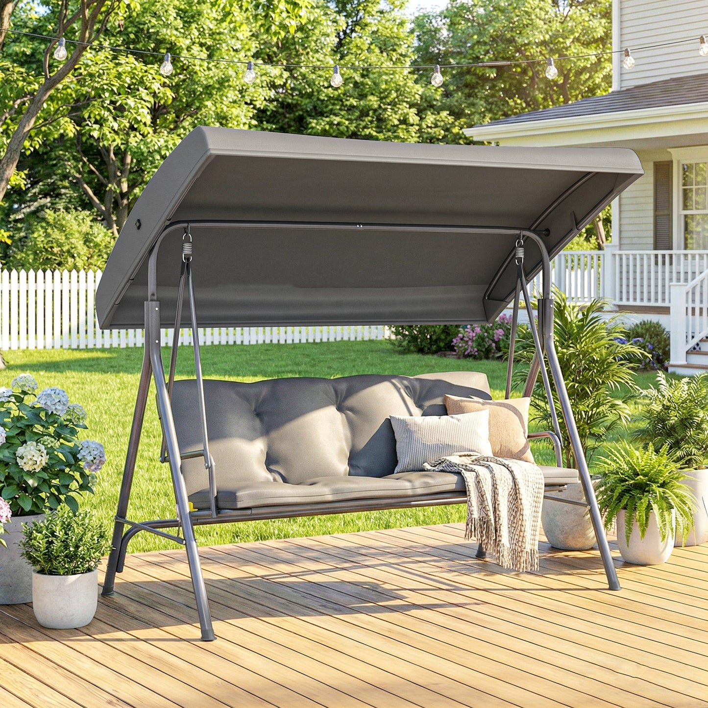 Outsunny 3 Seater Garden Swing Chair Tilting Canopy Patio Rocking Bench Steel Frame Removable Cushions Dark Grey