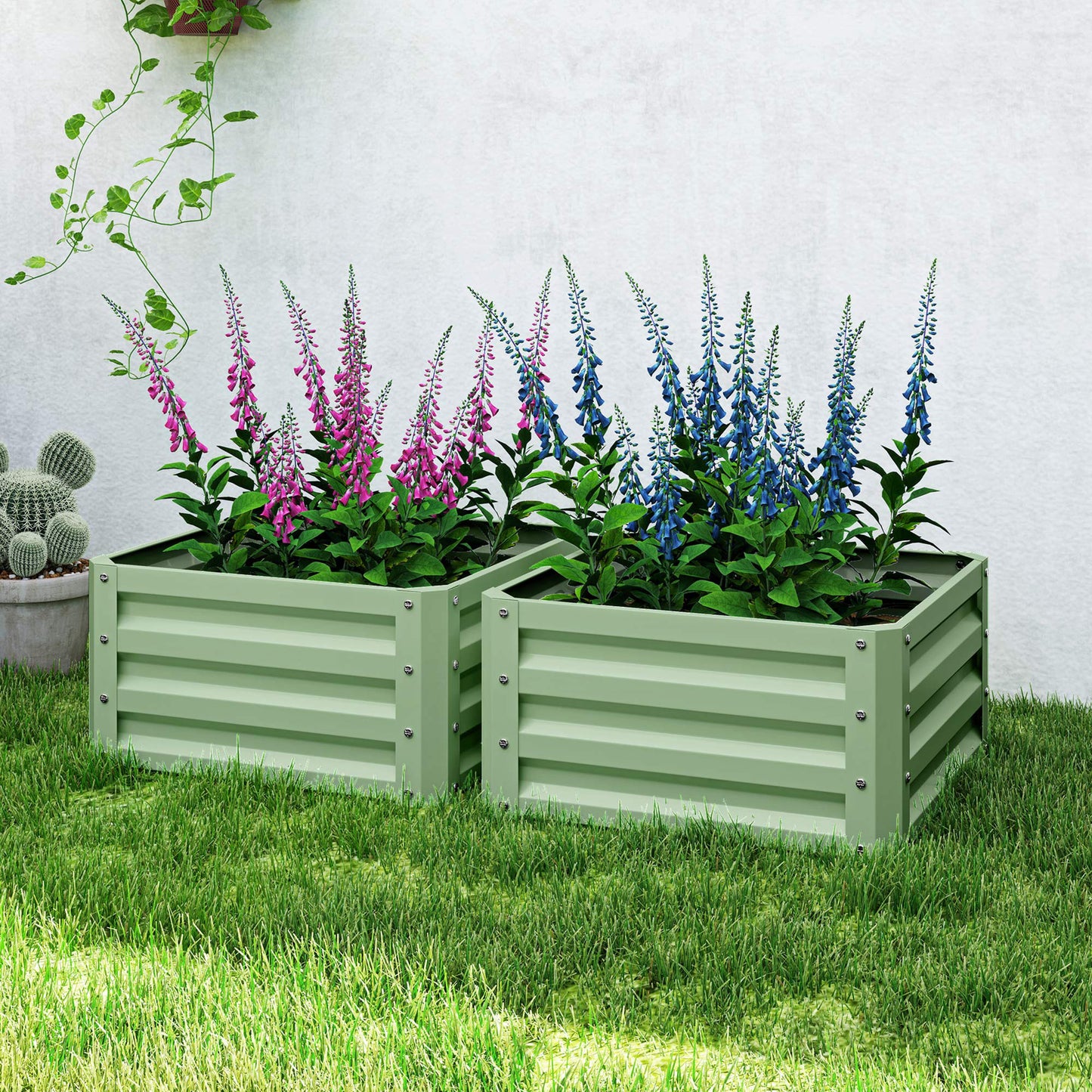Outsunny Set of Two 60 by 60 cm Galvanised Steel Planter Boxes Open Bottom Outdoor Garden Light Green