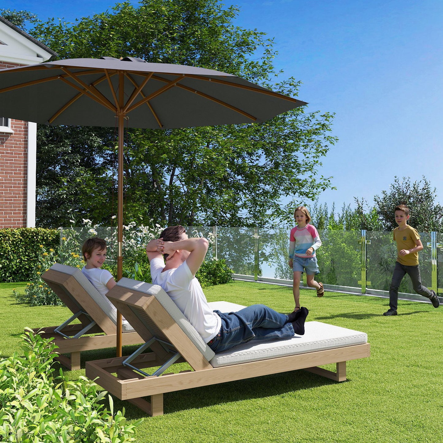 Outsunny 3m Wood Pole Parasol Umbrella Grey With Vented Canopy And Rope Pull Mechanism