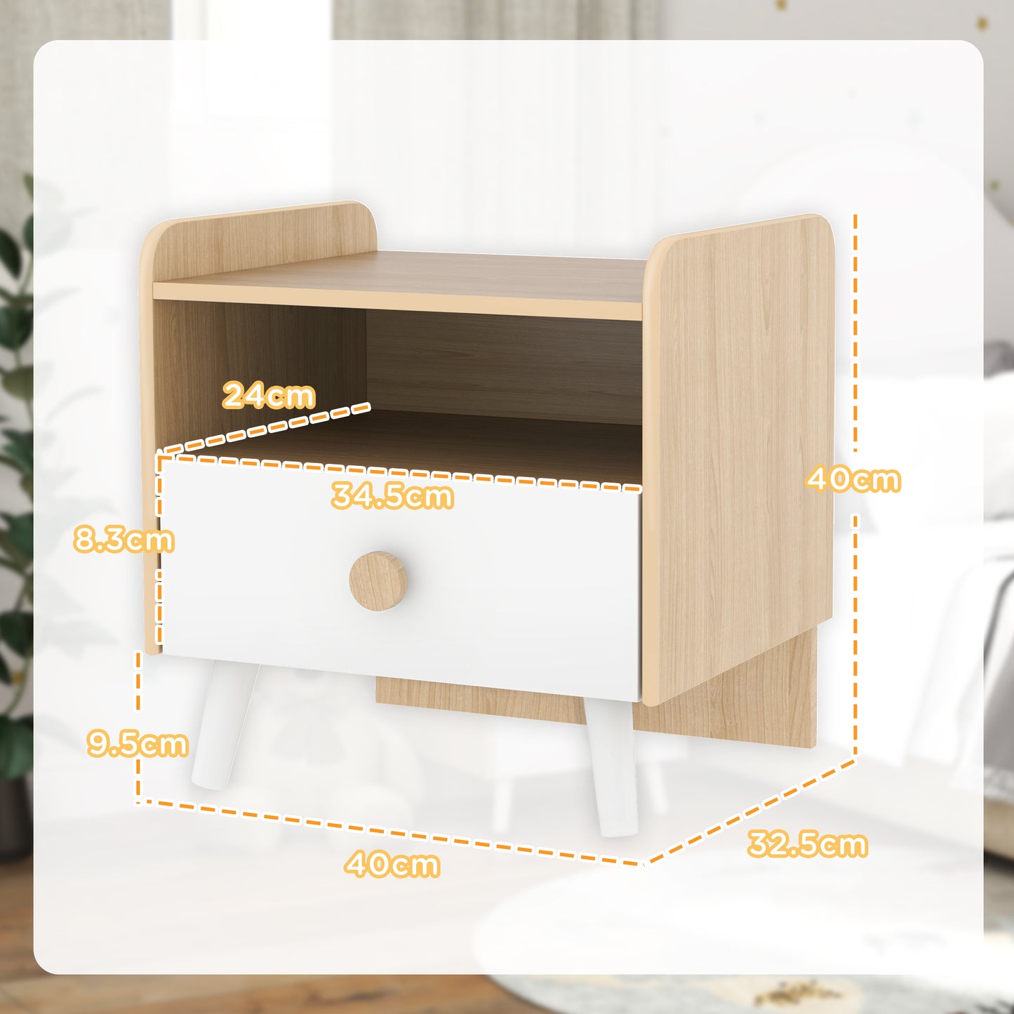 AIYAPLAY Kids Bedside Table With Drawer And Open Storage Shelf Wooden Nightstand For Bedroom White