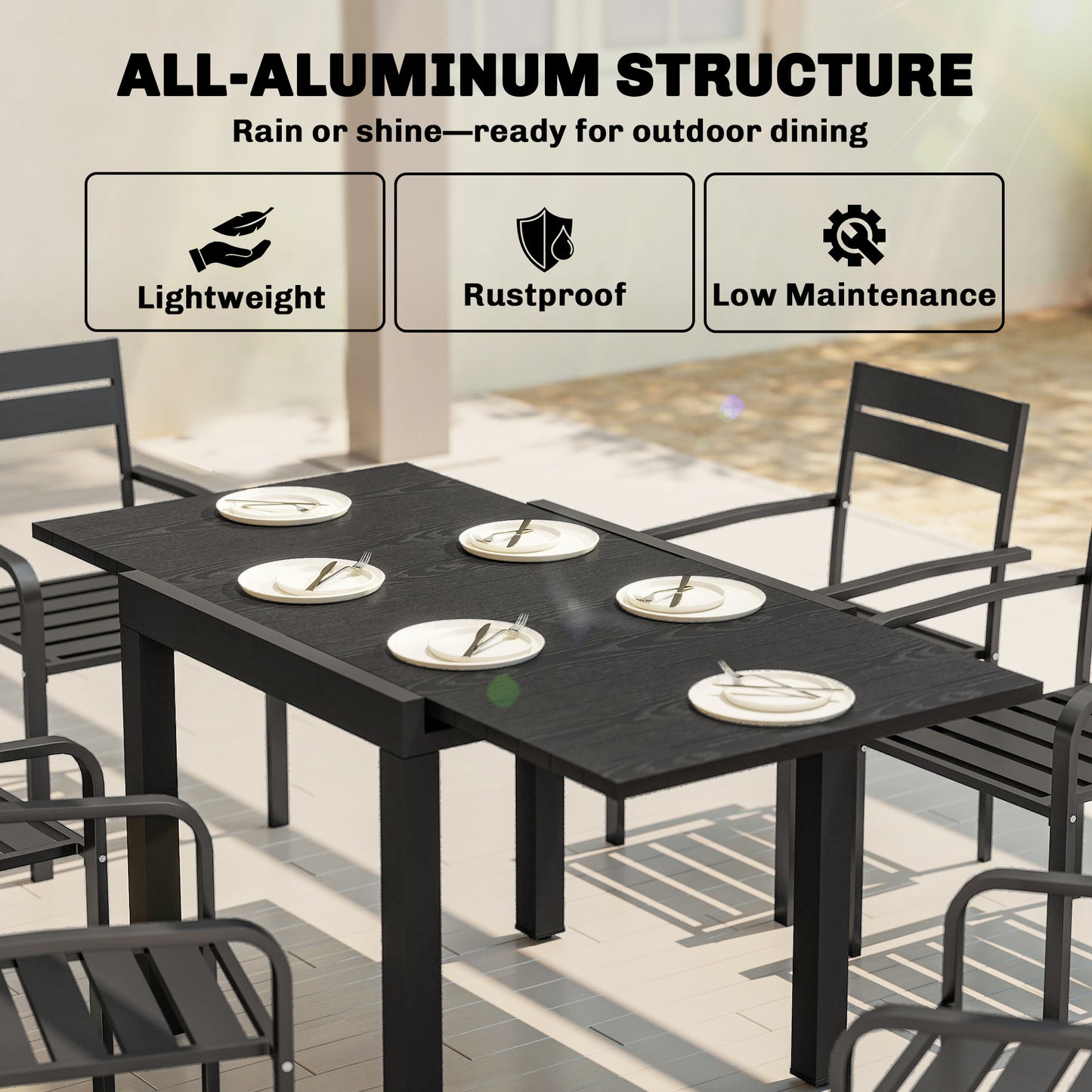 Outsunny Extendable Garden Table For Four To Six, Aluminium Outdoor Dining Table With Faux Wood Slatted Top, Black