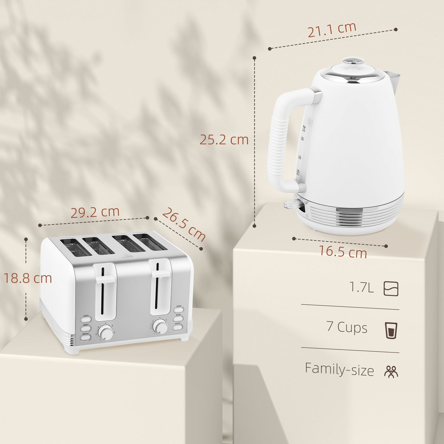 HOMCOM Stainless Steel Panel Kettle And Toaster Set White 1.7L Kettle With UK Strix Thermostat Auto Shut Off