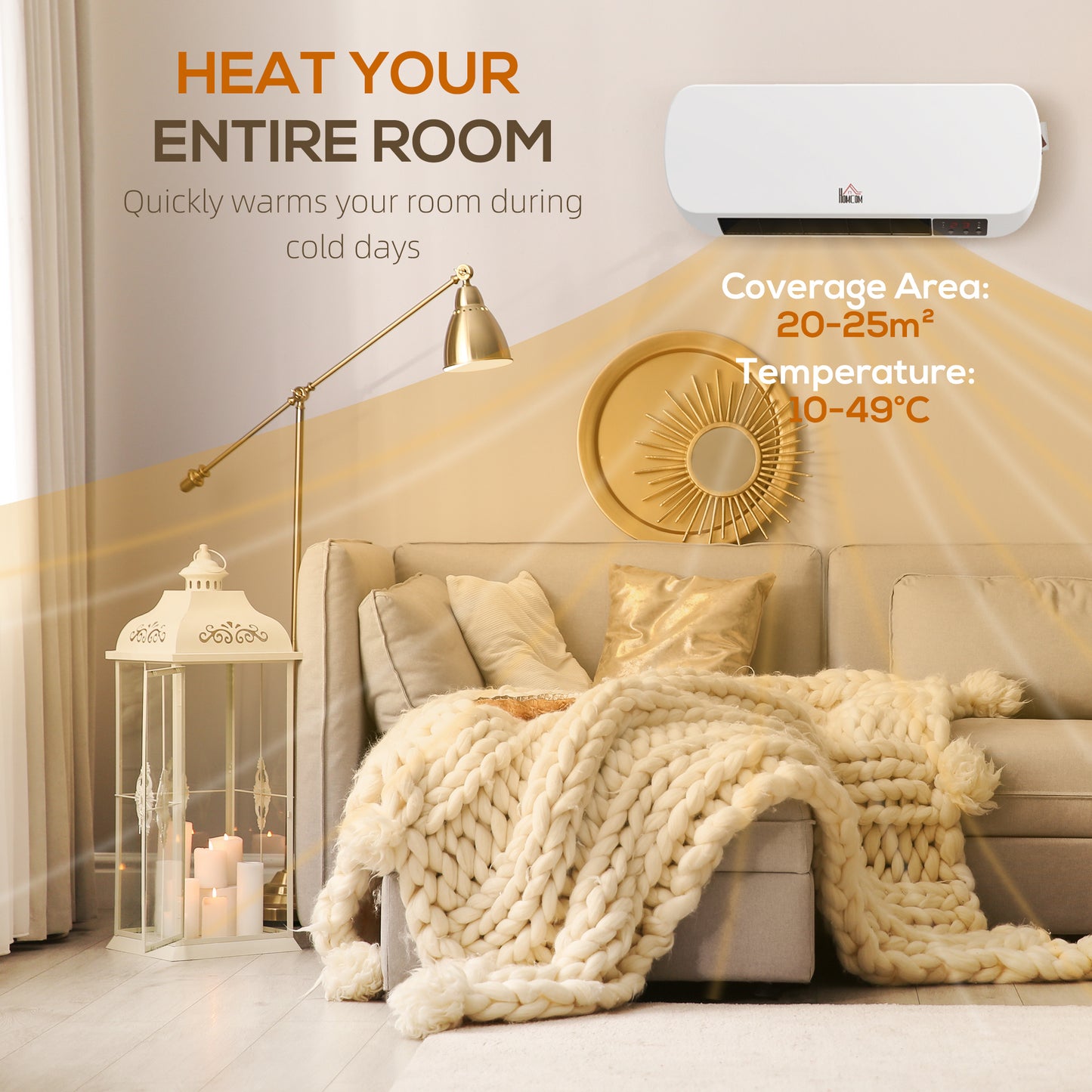 HOMCOM 2000W Wall Mounted Ceramic Space Heater with 10-49°C Adjustable Temperature in White, Three Modes: Fan, Low, High