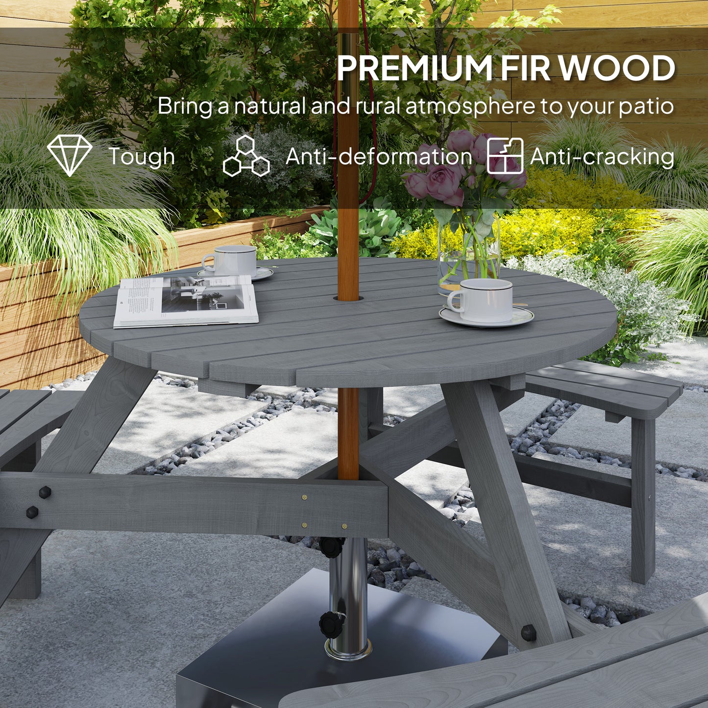Outsunny Wooden Garden Dining Set 6 Seater Round Table With Matching Bench Parasol Hole Grey Outdoor Patio