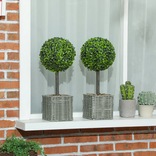 HOMCOM Set of 2 Decorative Artificial Plants 50cm Boxwood Topiary Balls in Woven Plastic Pots for Home Office Decor Green