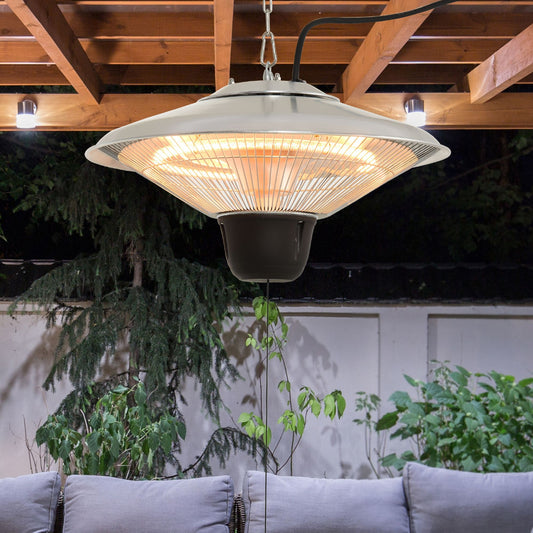 Outdoor ceiling halogen heater with chain and glowing bulb behind metal mesh reflector