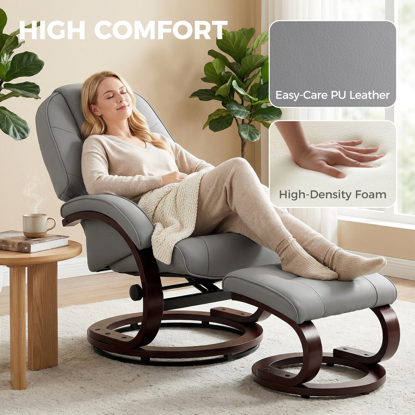 HOMCOM Swivel Recliner Chair With Footstool In PU Leather Adjustable Back Wood Frame Grey