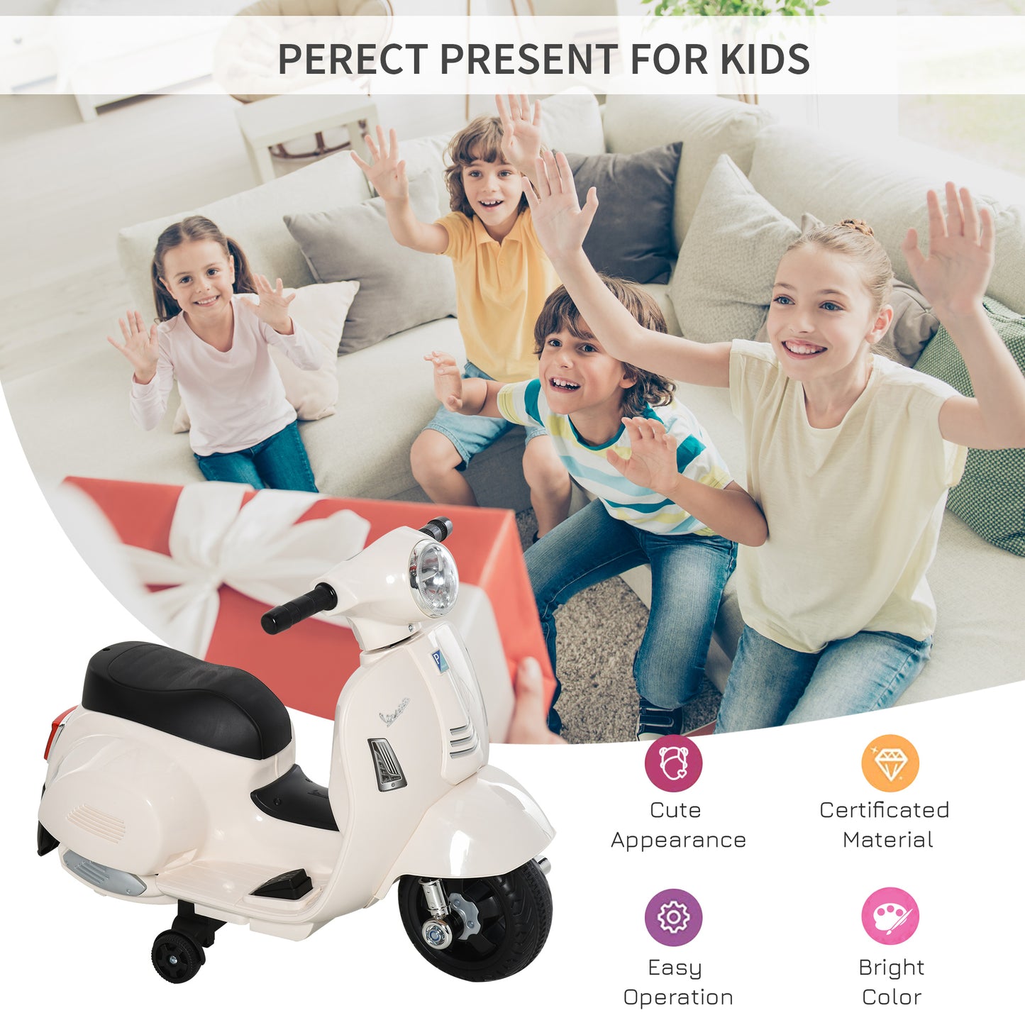 HOMCOM Licensed Vespa Electric Ride-On Trike for Toddlers - 6V Battery Powered Motorcycle with Horn and Headlight, White - ALL4U RETAILER LTD