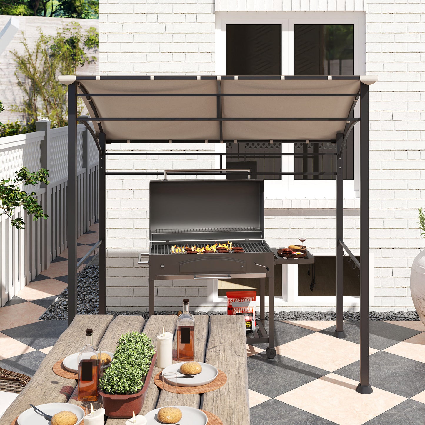 Outsunny 2.2m X 1.5m BBQ Gazebo Tent With Metal Frame Curved Canopy And 10 Hooks Outdoor Shade Khaki