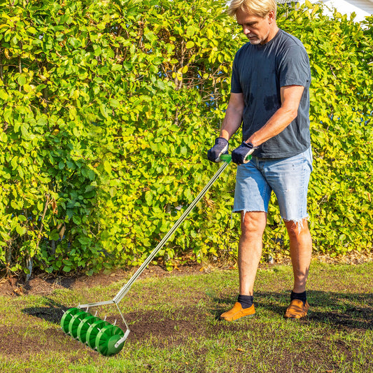 Outsunny Rolling Lawn Aerator Manual With 150 Mm Spiked Roller And 30 Mm Spikes Detachable 3 Piece Handle And T Bar Grip