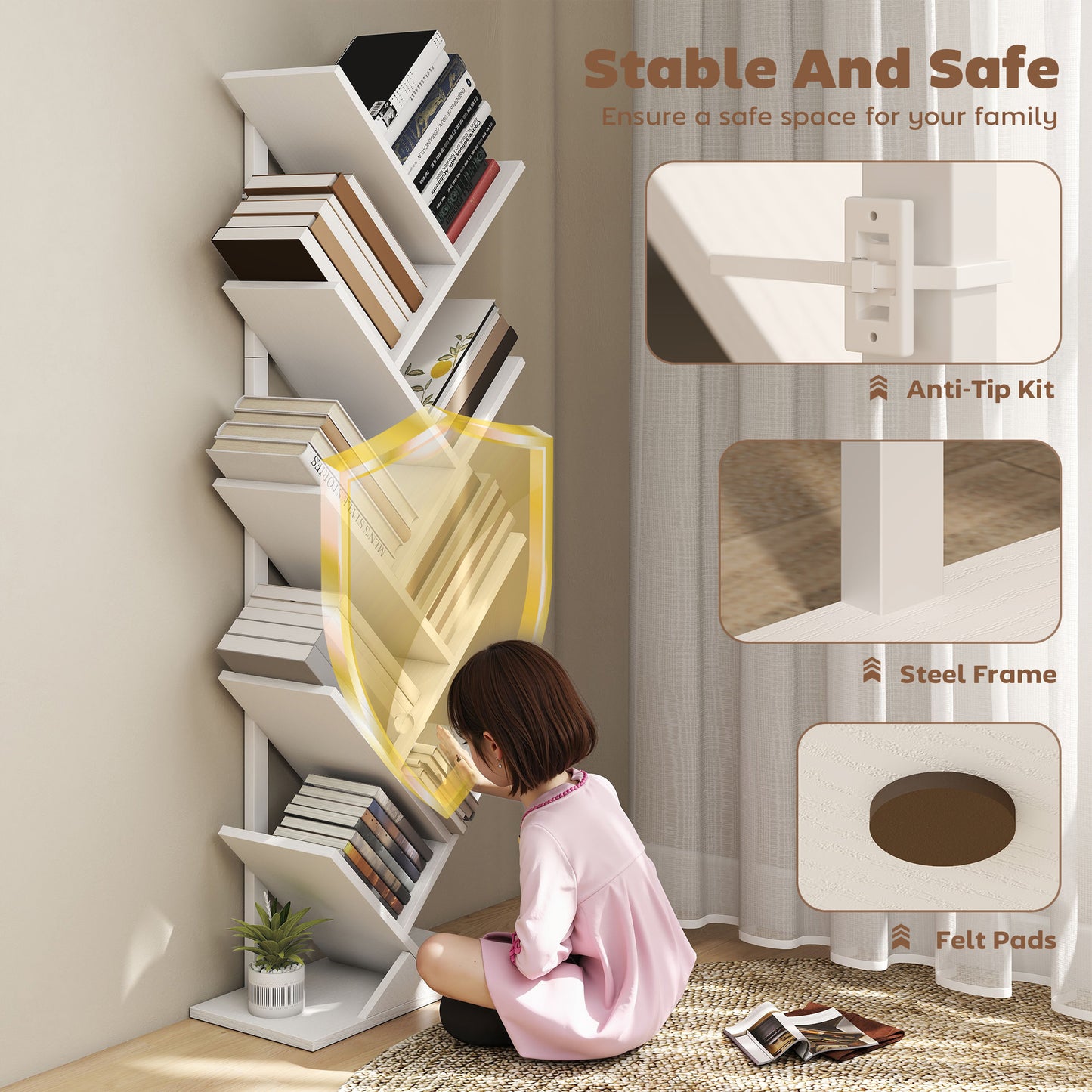 HOMCOM 9-Tier Tree Bookshelf Bookcase Freestanding Industrial Steel Frame Display Storage White