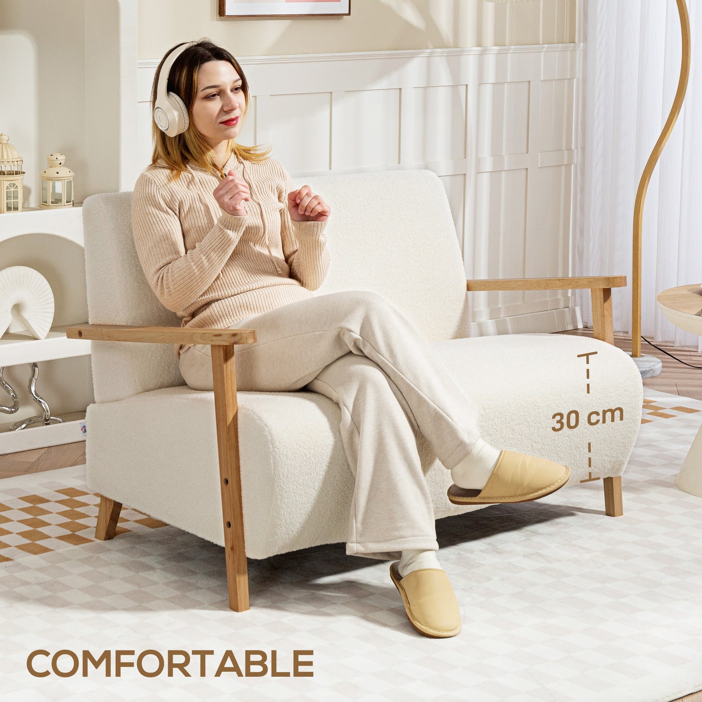 HOMCOM Small Sherpa Fabric 2 Seater Sofa Settee Cream White Nordic Style Loveseat With Rubber Wood Frame