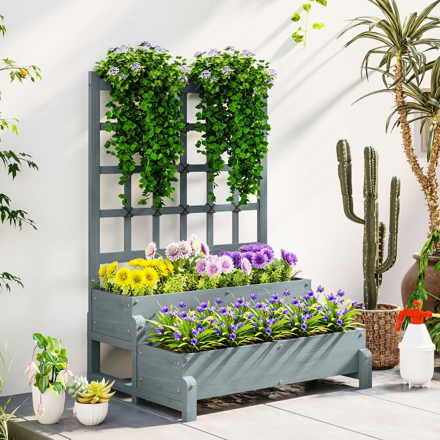 Outsunny 2 Tier Raised Garden Bed With Trellis Wooden Planter Box Drainage Holes Garden For Climbing Plants Grey