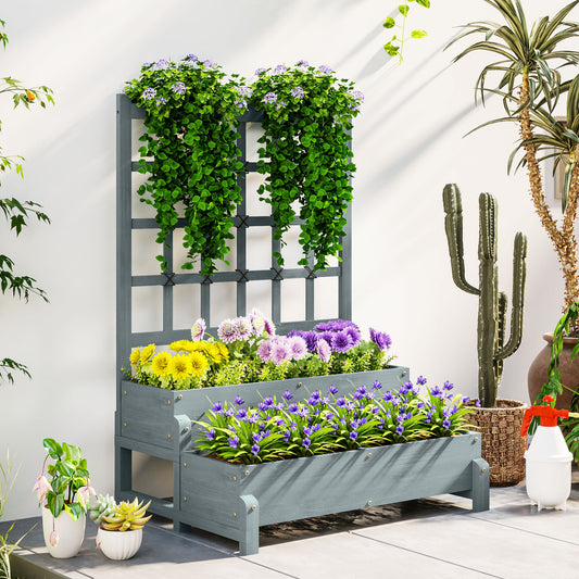 Outsunny 2 Tier Raised Garden Bed With Trellis Wooden Planter Box Drainage Holes Garden For Climbing Plants Grey