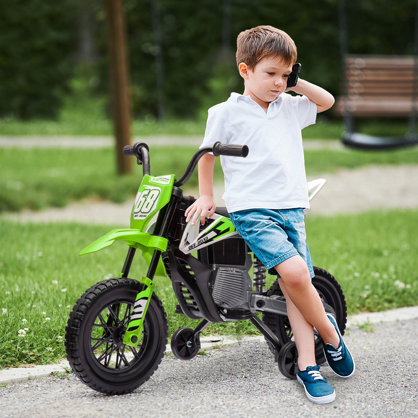 AIYAPLAY 12V Electric Kids Motorcycle with Training Wheels and Music - Green