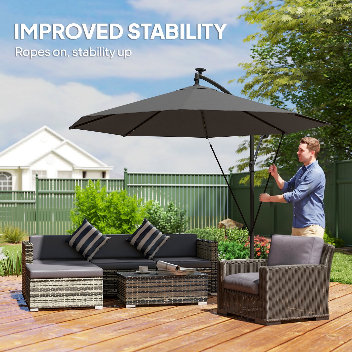 Outsunny 3 Meter Cantilever Parasol With Solar LED Lights Garden Umbrella Cross Base Black