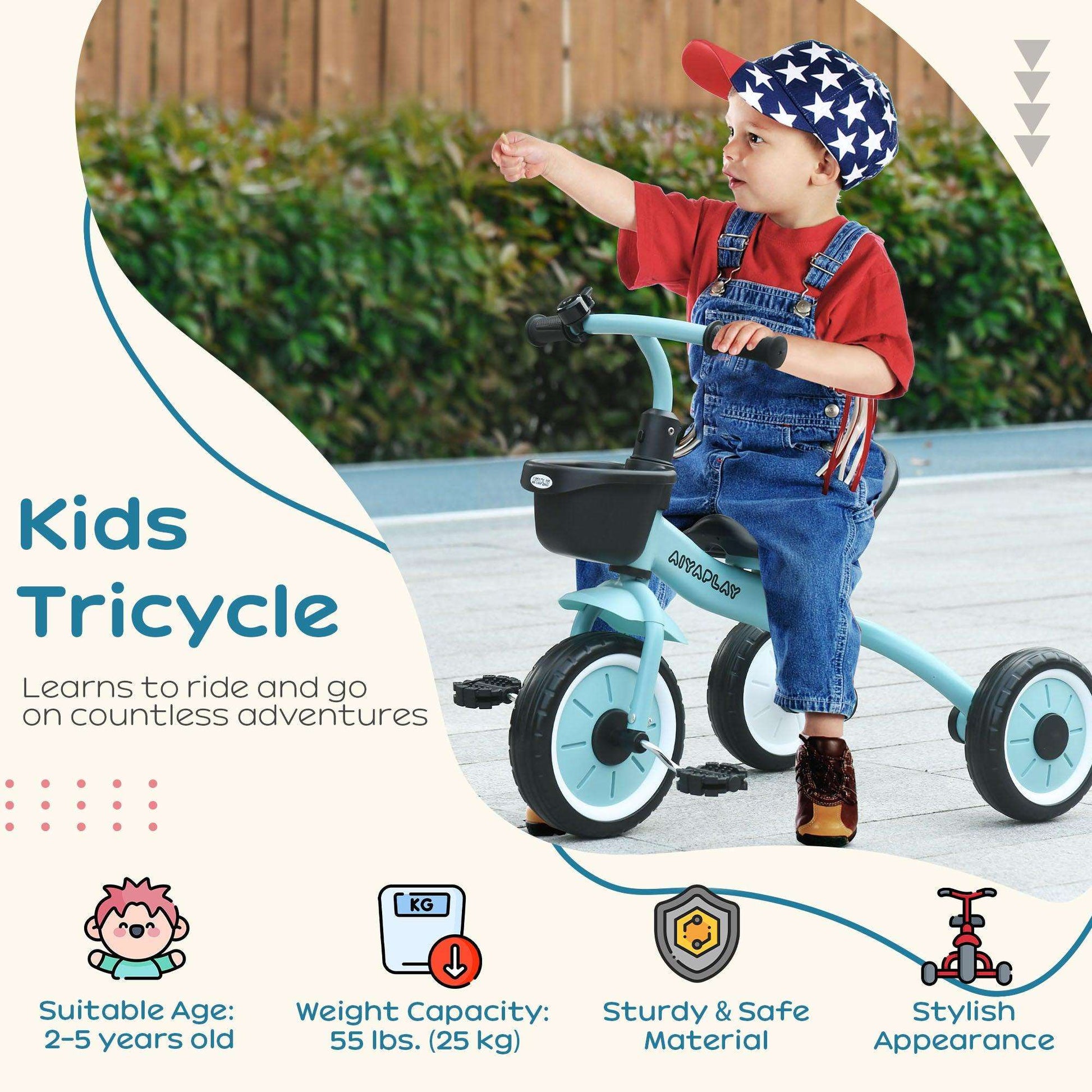 AIYAPLAY Kids Trike with Adjustable Seat, Basket, Bell - Blue - ALL4U RETAILER LTD